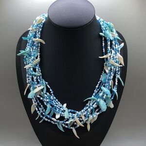 Vintage artisan beaded shell necklace, beach, boho, surfer.